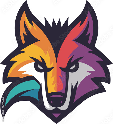 Colorful wolf mascot logo vector illustration with vibrant orange purple and green tones for esports gaming team branding creative animal head icon for sports apparel design and digital marketing