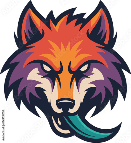 Fox head mascot logo with aggressive expression and tongue out for esports gaming team branding vibrant colorful animal character illustration for sports apparel merchandise and digital identity