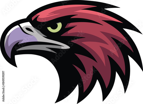 Eagle mascot logo head with red feathers and fierce green eyes for esports gaming team identity professional sports club branding aggressive predator bird icon isolated on minimalist background