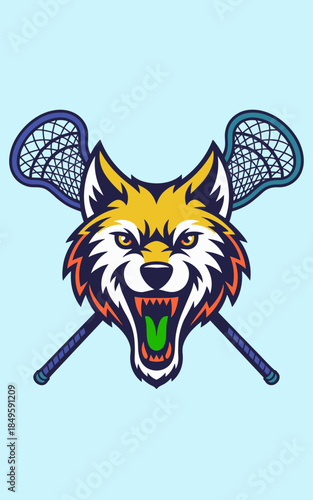 Fierce fox mascot head with crossed lacrosse sticks vector illustration for sports team branding athletic club logo design competitive tournament apparel uniform graphic and school spirit gear