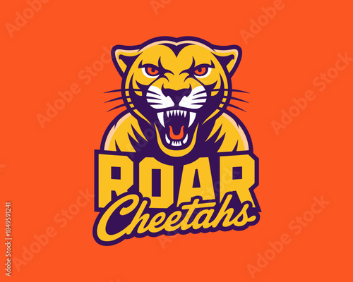 Roar Cheetahs esport mascot logo with fierce wild cat head and aggressive expression on orange background for gaming team branding sports identity professional club emblem and apparel design