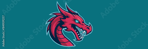 Red dragon head mascot logo design with fierce expression and glowing eyes for esports gaming team identity professional sports branding fantasy creature illustration and corporate gaming logo