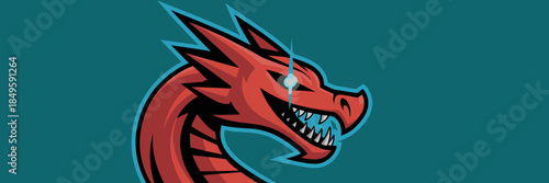 Red dragon head mascot logo with glowing eye and sharp teeth on dark teal background for esports gaming team branding fantasy monster character graphic for twitch streamers and digital marketing