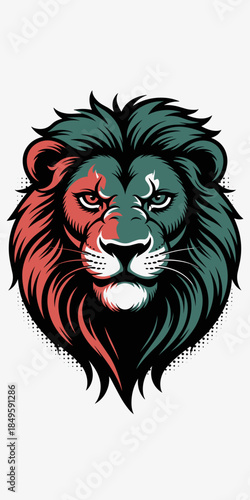 Majestic lion head mascot illustration with bold red and green highlights suitable for sports team branding corporate identity gaming logos and creative apparel design on isolated white background