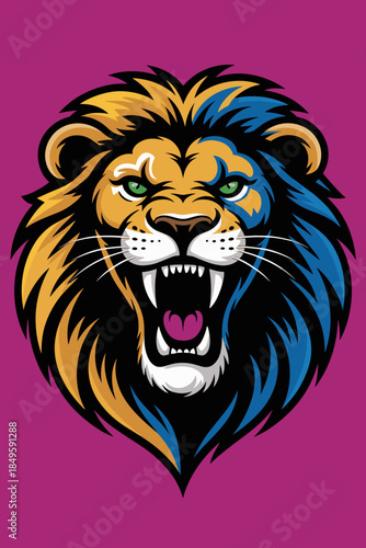 Roaring lion head mascot logo with vibrant blue and yellow mane on purple background powerful wild animal character illustration for sports team branding gaming avatar and corporate identity design
