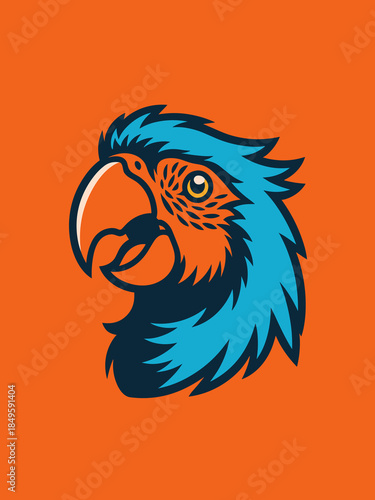 Blue parrot head mascot logo illustration with vibrant orange background for sports team branding tropical bird character design for apparel and gaming identity professional vector graphic art