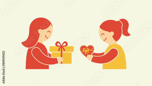 Two smiling cartoon girls exchanging gifts, one offering a wrapped box and the other holding a heart-shaped present, symbolizing friendship and generosity.