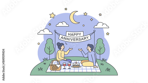 Illustration of a happy couple celebrating their anniversary with a romantic picnic under the starry night sky.