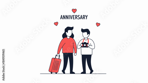 A couple celebrating their anniversary, ready for a trip with a suitcase and binoculars, surrounded by hearts, in a flat illustration style.