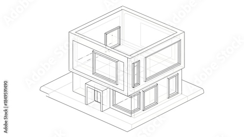 Isometric line drawing of a modern two-story building with large windows, showcasing architectural design and structure.