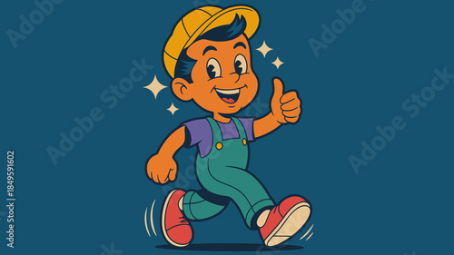 Retro cartoon handyman boy walking with thumbs up gesture for construction and home repair services mascot character illustration vintage style worker for branding marketing and advertising