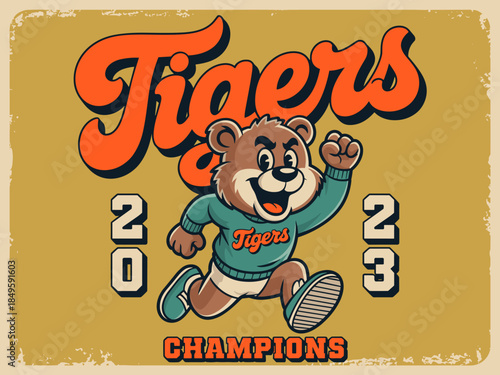 Vintage bear mascot character running for tigers team sports victory championship illustration retro aesthetic varsity collegiate style graphic for t-shirt design and athletic apparel branding