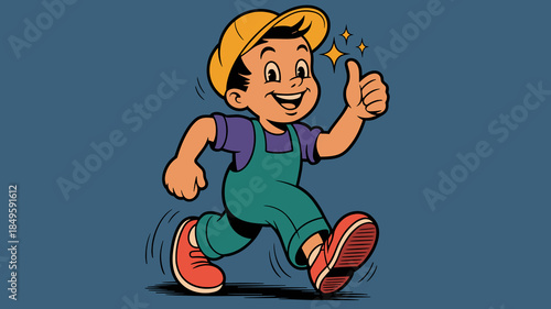 Retro cartoon character boy handyman walking with thumbs up gesture wearing overalls and cap classic vintage mascot illustration for home repair service brand identity and construction marketing
