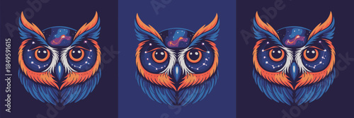 Mystical owl head illustration with cosmic galaxy space and star constellations for spiritual branding celestial bird character design for apparel mystery wisdom and magic nature concept art