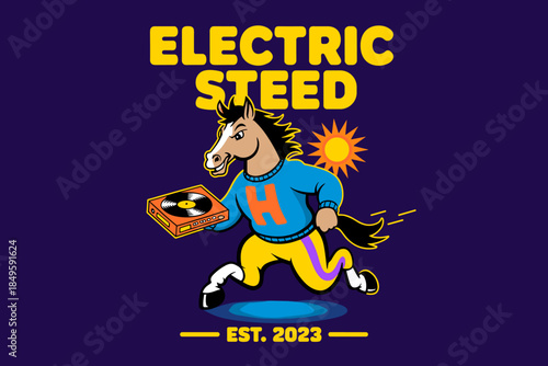 Cartoon horse mascot wearing sweater running with vinyl record player electric steed dj character logo for music branding entertainment industry and retro animal illustration design concepts