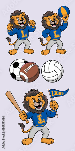 Lion mascot character collection for high school and college sports team branding featuring athletic predator wearing blue letterman sweater holding baseball bat flag and various sports equipment