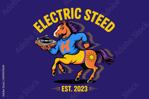 Cartoon horse character running with vinyl record player turntable for music festival logo mascot electric steed creative illustration for dj apparel branding and entertainment industry design