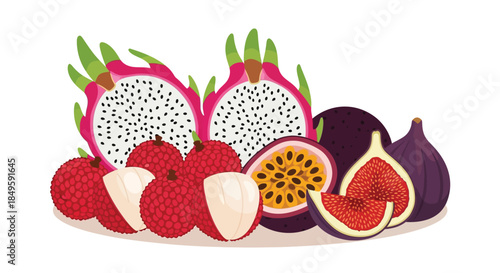 Vibrant Tropical Fruit Medley - Dragon Fruit, Lychee, Passion Fruit, and Figs.