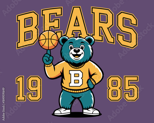 Basketball bear mascot cartoon character spinning ball on finger vintage varsity sports team logo with collegiate typography for high school college apparel t-shirt design athletic competition