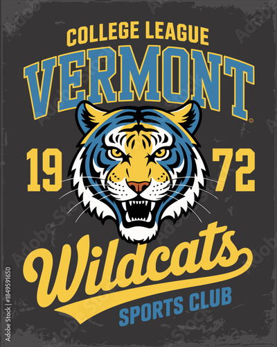 Vintage tiger wildcats sports logo illustration for college league varsity team apparel design featuring fierce wild cat mascot head with retro typography for athletic club streetwear fashion