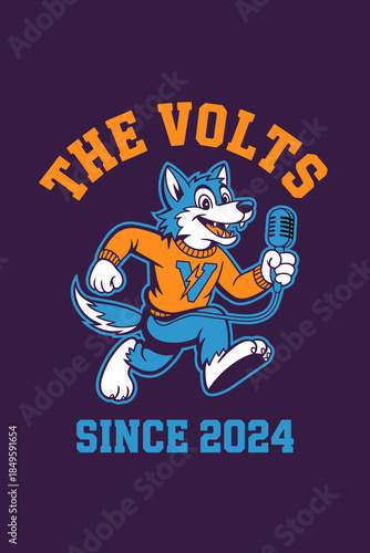 Blue wolf mascot character wearing orange sweater holding microphone for podcast radio broadcast or sports team branding energetic animal illustration for school spirit and media entertainment