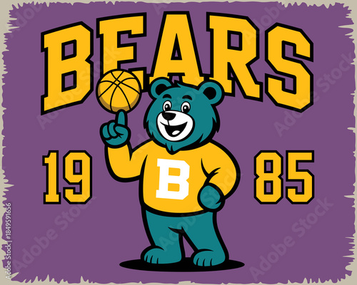 Vintage basketball bear mascot character spinning ball on finger in retro sports jersey for team apparel design college university league athletics competition varsity aesthetic clothing print