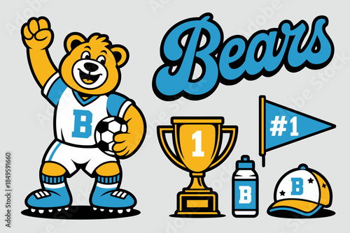 Happy soccer bear mascot character set with gold trophy and sports equipment for local school football leagues youth athletic branding varsity team identity and competitive tournament marketing