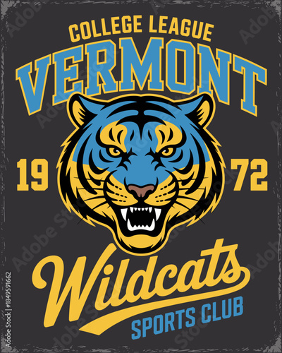 Vintage Vermont Wildcats sports club mascot tiger head illustration for college league apparel design classic varsity team typography and athletic branding for t-shirt print and retro graphics
