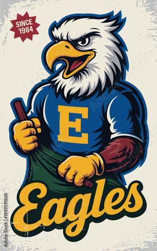 Bald eagle mascot character illustration for sports team branding and university athletic logo design featuring muscular bird in jersey for competitive high school spirit and college tournament