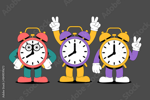 Funny alarm clock characters with hands and legs making peace signs and expressive faces for time management and productivity concept illustration retro cartoon style for business and education