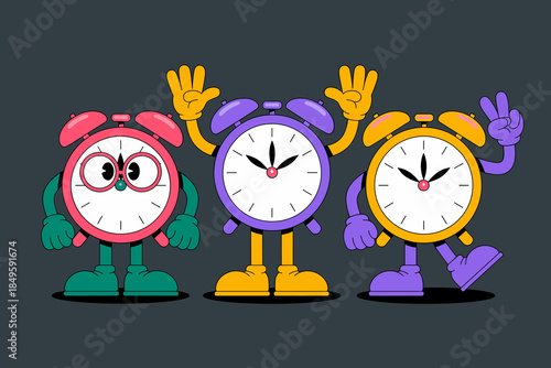 Cartoon alarm clock characters with expressive faces and hands in retro rubber hose animation style for time management planning and business productivity concepts with vibrant colorful designs