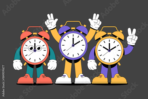 Retro cartoon alarm clock characters with funny faces and hands making peace signs representing time management productivity and morning routine concepts for business marketing and branding ads