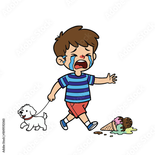 Funny Crying Boy Dropped Ice Cream and Happy Dog. Sad kid weeping over spilled dessert while puppy eats it. Cartoon vector illustration.