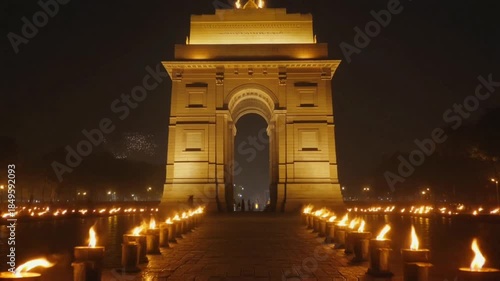 Night view of India gate with candles.