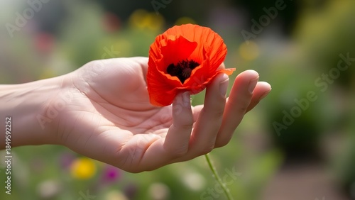 Hand Holding Red Poppy Flower in Garden.