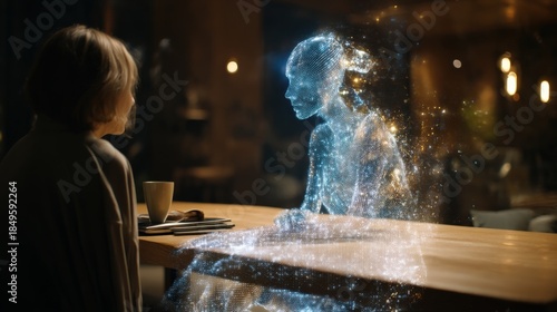 A captivating futuristic scene unfolds, where a person engages in a fascinating conversation with a digital hologram. ..Created with Generative AI, not depicting real subjects.