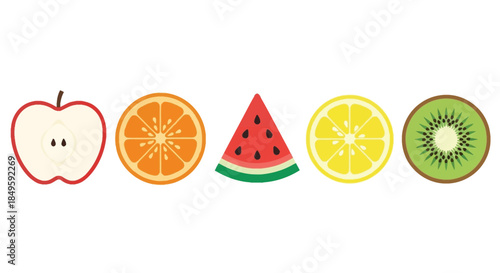Assortment of fresh fruit slices in a row.