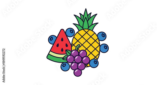 Vibrant illustration of fresh fruits including watermelon, pineapple, blueberries, and grapes.