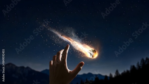 Hand Reaching for Meteor in Night Sky.