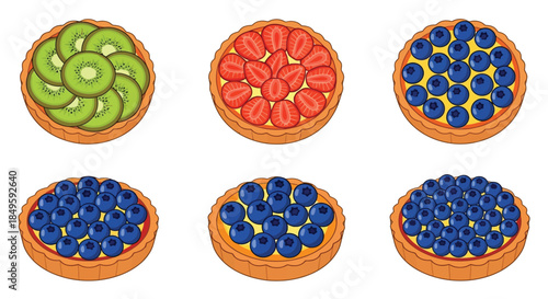 Assortment of Fresh Fruit Tarts with Kiwi, Strawberries, and Blueberries.