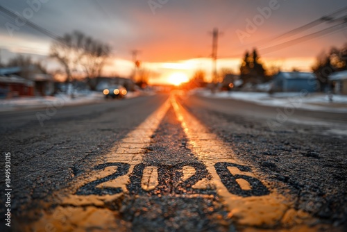 A captivating shot captures the year 2026 etched upon an open road, bathed in the warmth of a setting sun. ..Created with Generative AI, not depicting real subjects.