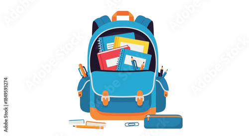 Blue backpack filled with school supplies and books.