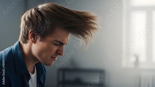 Young man experiencing strong wind indoors.