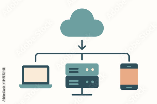 Cloud infrastructure diagram showing data distribution to server laptop and mobile devices