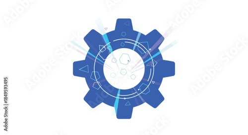 Blue Gear Icon with Digital Elements.