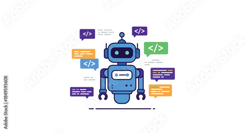 Blue Robot Chatbot with Code and Speech Bubbles.