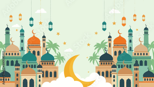 Golden Crescent Moon and Islamic Architecture Celebration.