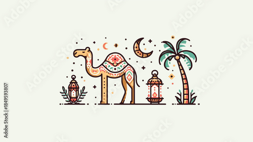 Decorative Camel Illustration with Lanterns and Palm Tree for Ramadan and Eid Celebration