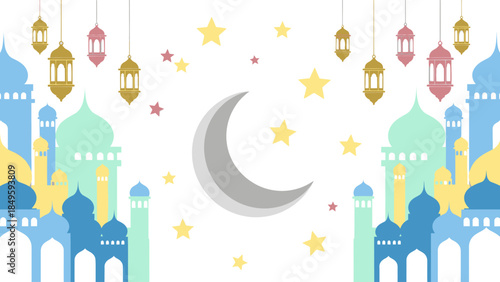 Islamic crescent moon and mosque illustration.