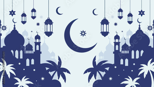 Islamic crescent moon and mosque silhouette with lanterns and palm trees.
